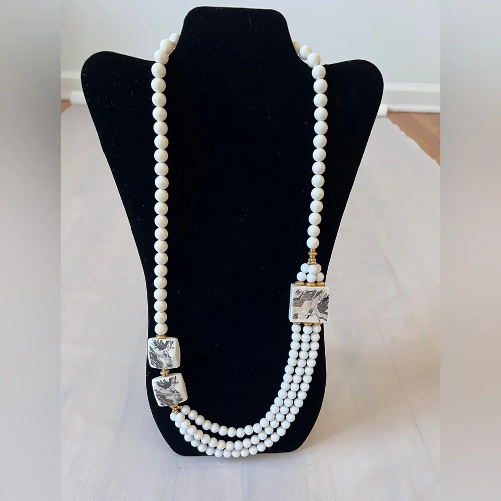 Vintage Japan 3-Strand White Bead and Hand-Painted Ceramic tiles Necklace Signed